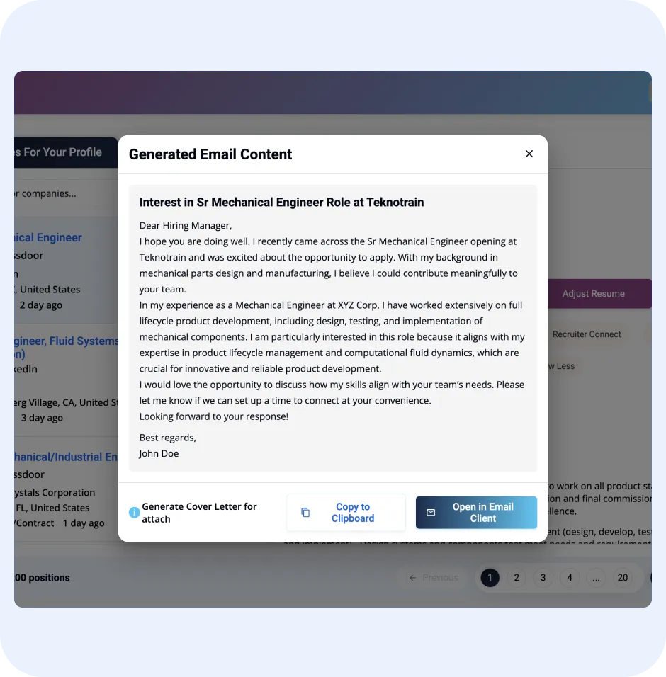 Generated email content for job application, showcasing personalized email for Sr Mechanical Engineer role, highlighting skills and experience, with options to copy or send directly through email clients.